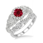 JEENJEWELS 1.25 Carat Ruby & Diamond Vintage Floral Bridal Engagement Ring, White Gold