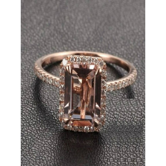 JeenJewels Sale: 1.50 Carat Peach Pink Morganite (emerald cut Morganite) and Diamond Engagement Ring in 10k Rose Gold