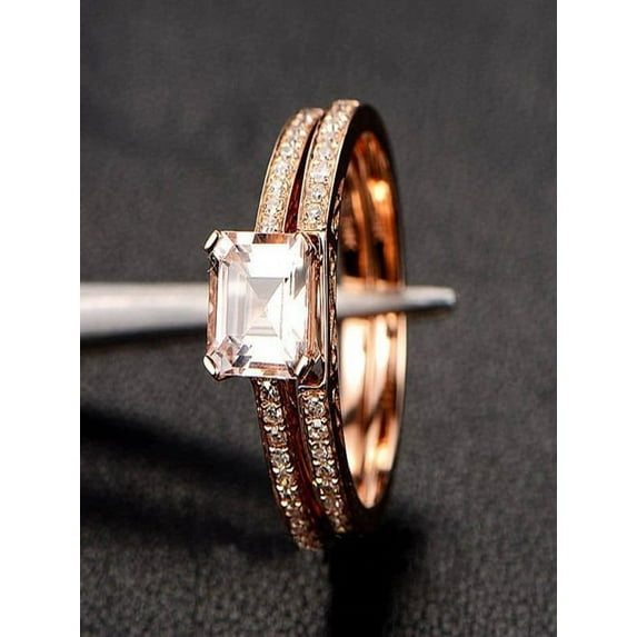 JeenJewels Sale 1.50 carat Princess Cut Morganite and Diamond Bridal Wedding Ring Set in 10K Rose Gold