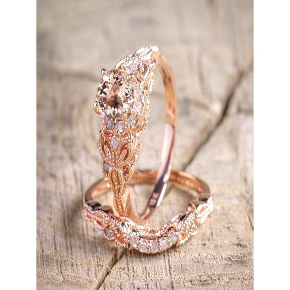 JeenJewels Sale 1.50 carat Round Cut Morganite and Diamond Halo Bridal Wedding Ring Set in 10k Rose Gold