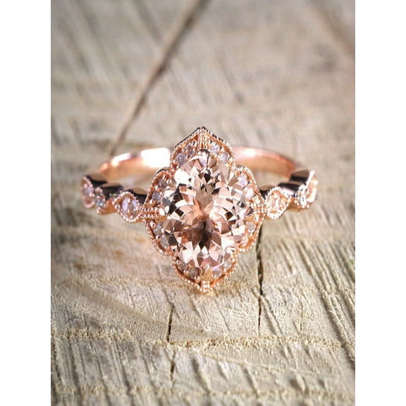 JeenJewels Sale Antique Design 1.25 Carat Peach Pink Morganite (Round Shaped) and Diamond Engagement Ring in 10k Rose Gold Jewelry