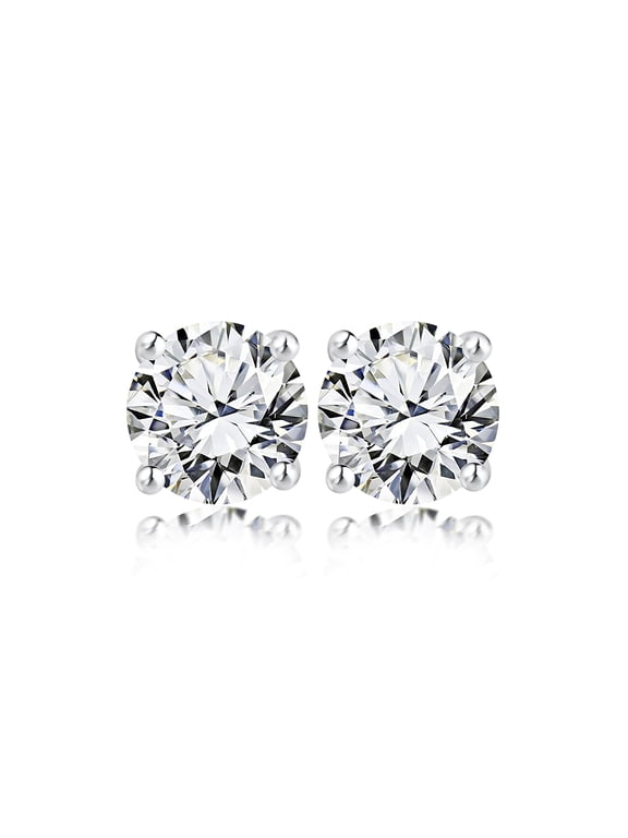 0.20 Carat Round Diamond - 4 Prong Solitaire Stud Earrings - 18K White Gold Plating Over Silver