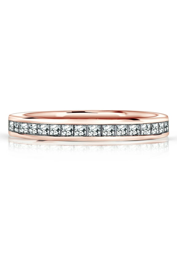 0.25 Carat Princess Cut April Birthstone Wedding Band - Pave Channel Band - 18K Rose Gold Plating over Silver