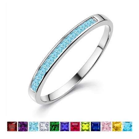 JeenMata 0.25 Carat Princess Cut March Birthstone Wedding Band - Pave Channel Band - 18K White Gold Plating for Women