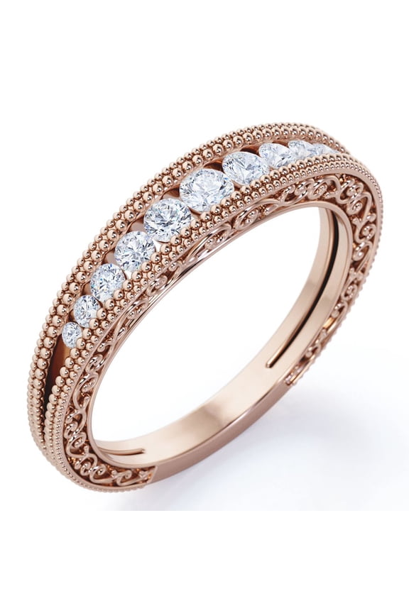 0.25 Carat Round Cut Diamond Filigree Wedding Band - Diamond Tapered Band-Milgrain Bridal Band - Birthday Gift - 10K Rose Gold