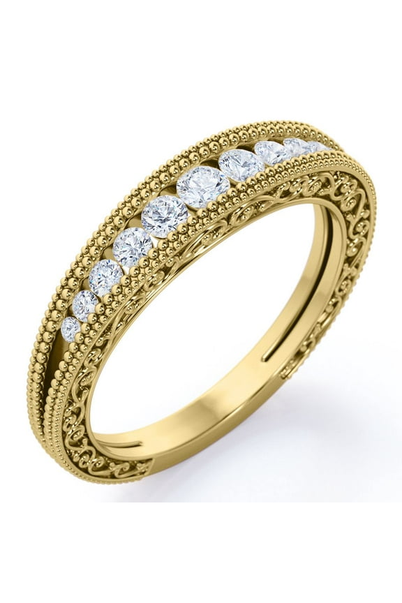 0.25 Carat Round Cut Diamond Filigree Wedding Band - Diamond Tapered Band-Milgrain Bridal Band - Birthday Gift - 10K Yellow Gold