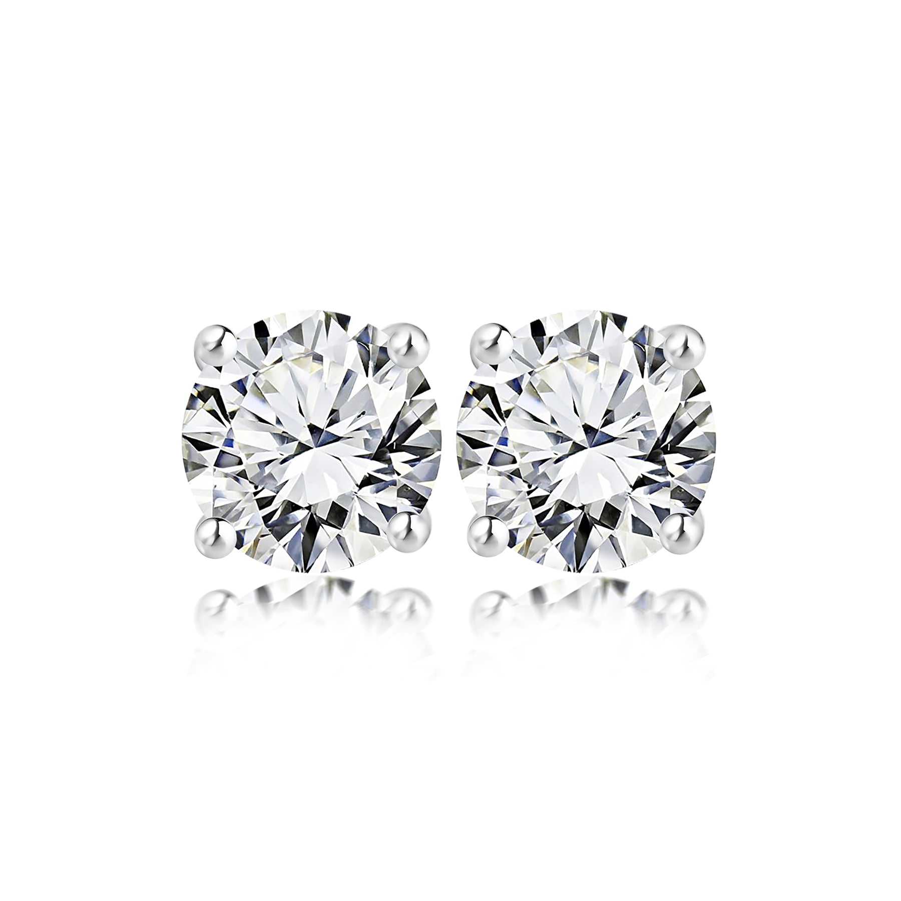 JeenMata 0.25 Carat Round Diamond - 4 Prong Solitaire Stud Earrings - 18K White Gold Plating Over Silver