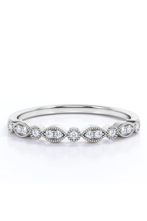 0.25 ct Lab Grown Diamond Wedding Ring Band - Scalloped Band - Milgrain Wedding Band - 10K White Gold
