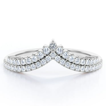 JeenMata 0.30 TCW Round Moissanite - Double Pave Prongs - V Curved Wedding Band - 18K White Gold Plating over Silver