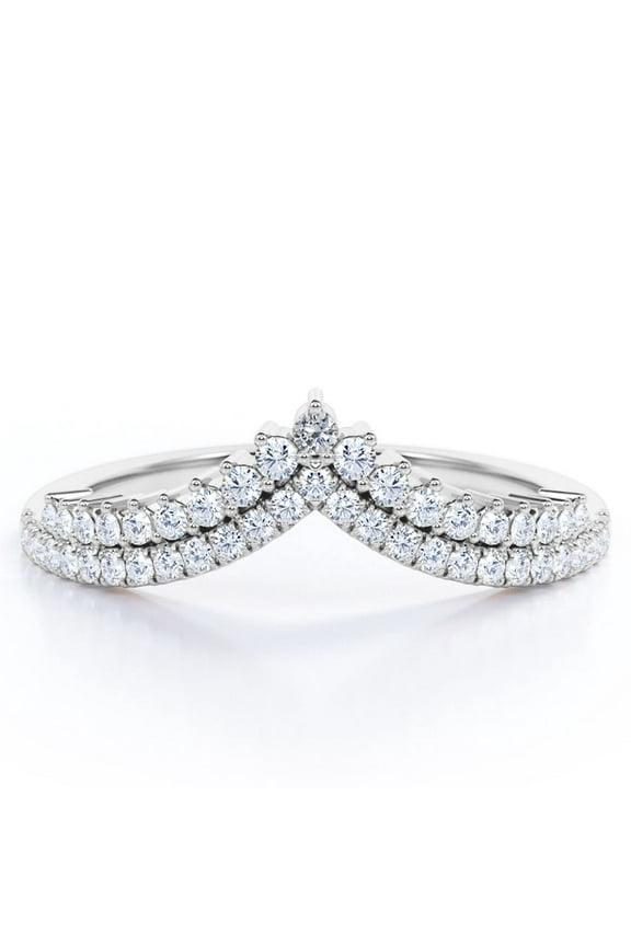 0.30 TCW Round Moissanite - Double Pave Prongs - V Curved Wedding Band - 18K White Gold Plating over Silver