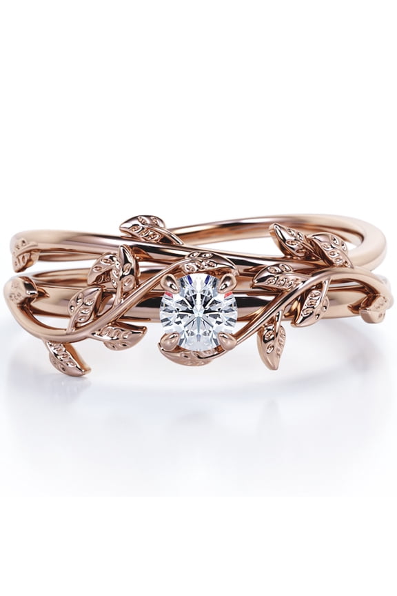 0.5 Carat 4-Prong-Set Leaf Vine Design Round Cut Moissanite Solitaire Wedding Ring Set in 18K Rose Gold Plating Over Silver