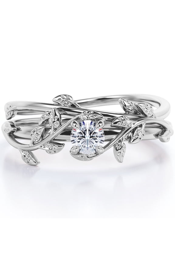 0.5 Carat 4-Prong-Set Leaf Vine Design Round Cut Moissanite Solitaire Wedding Ring Set in 18K White Gold Plating Over Silver