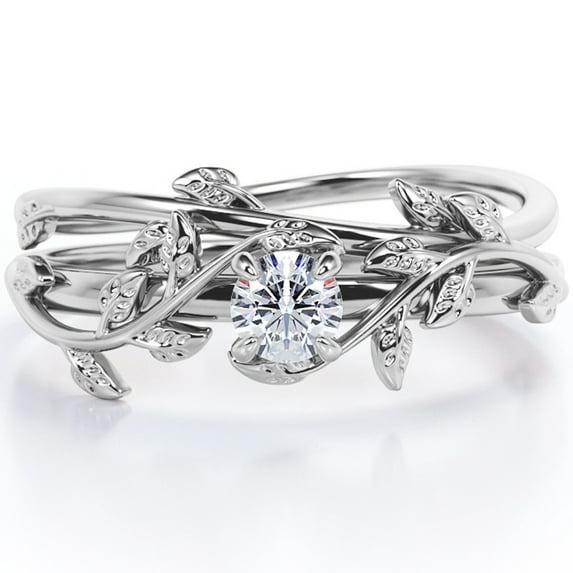 JeenMata 0.5 Carat 4-Prong-Set Leaf Vine Design Round Cut Moissanite Solitaire Wedding Ring Set in 18K White Gold Plating Over Silver
