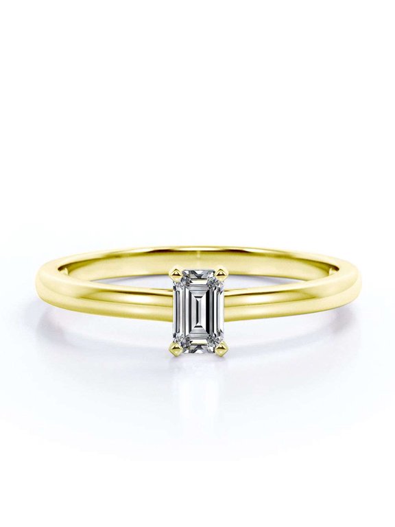0.5 Carat Emerald Cut Moissanite - Prong Setting - Solitaire Promise Ring - 18K Yellow Gold Plating Over Silver
