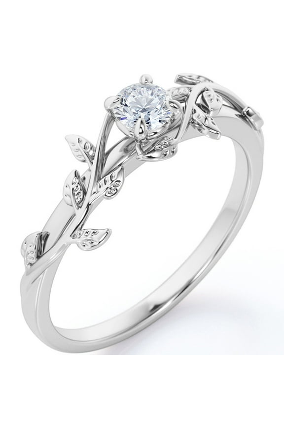 0.5 Carat Leaf Branch Round Moissanite Nature Inspired Engagement Ring in 18K White Gold Plating Over Silver