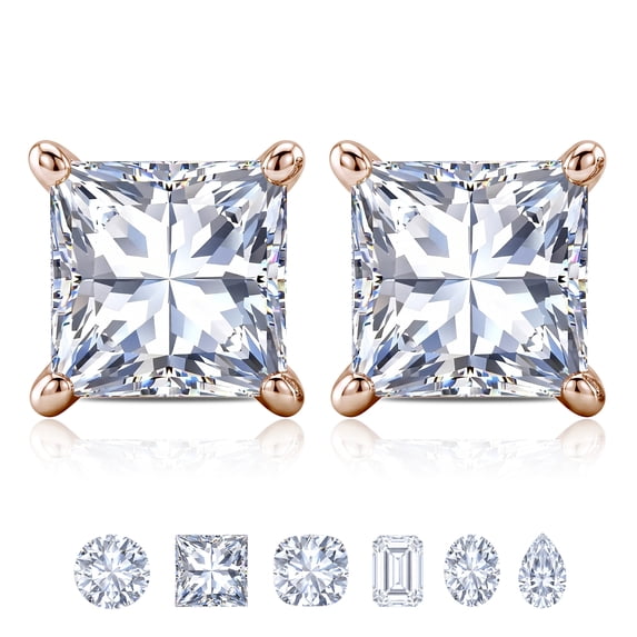 JeenMata 0.5 Carat Princess Cut Moissanite 4 Prong Solitaire Stud Earrings in 18k Rose Gold Plating for Women