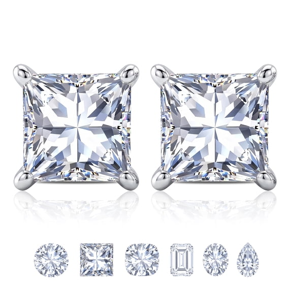 JeenMata 0.5 Carat Princess Cut Moissanite 4 Prong Solitaire Stud Earrings in 18k White Gold Plating for Women