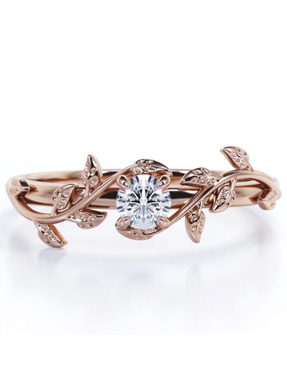 0.5 Carat Solitaire Bezel Round Shaped Moissanite Tree Leaf Design Infinity Engagement Ring in 18K Rose Gold Plating Over Silver