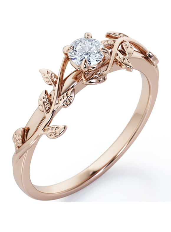 JeenMata 0.5 Carat Solitaire Bezel Round Shaped Moissanite Tree Leaf Design Infinity Engagement Ring in 18K Rose Gold Plating Over Silver