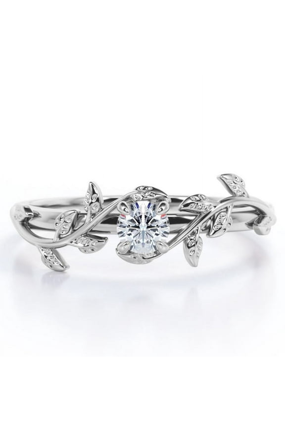 0.5 Carat Solitaire Bezel Round Shaped Moissanite Tree Leaf Design Infinity Engagement Ring in 18K White Gold Plating Over Silver