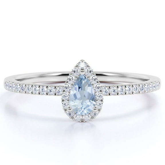 JeenMata 0.5 Carat Teardrop Created Aquamarine Halo Dainty Ring in 18k White Gold over Silver