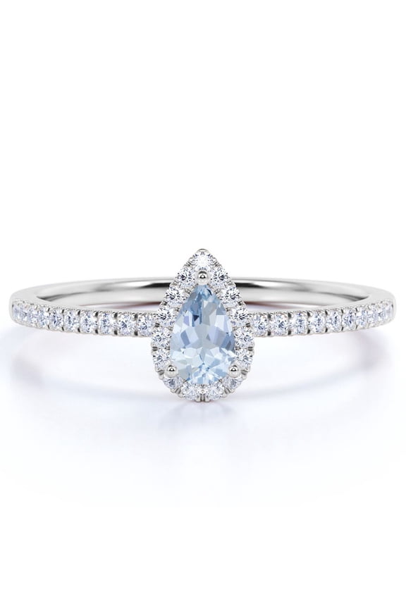 0.5 Carat Teardrop Created Aquamarine Halo Dainty Ring in 18k White Gold over Silver