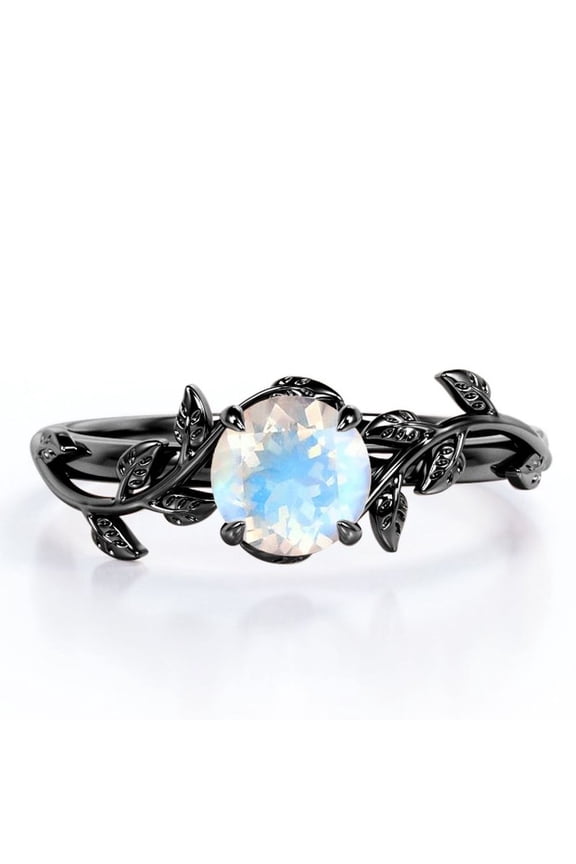 0.50 Carat 4 Prong Branch Leaf Design Round Cut Rainbow Moonstone Engagement Ring In 18K Black Gold Plating Over Silver