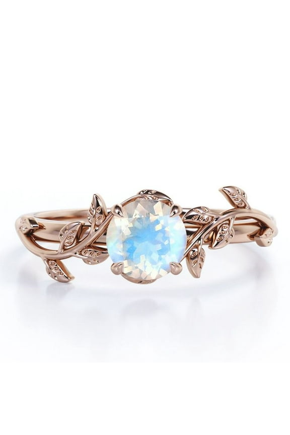 0.50 Carat 4 Prong Branch Leaf Design Round Cut Rainbow Moonstone Engagement Ring In 18K Rose Gold Plating Over Silver