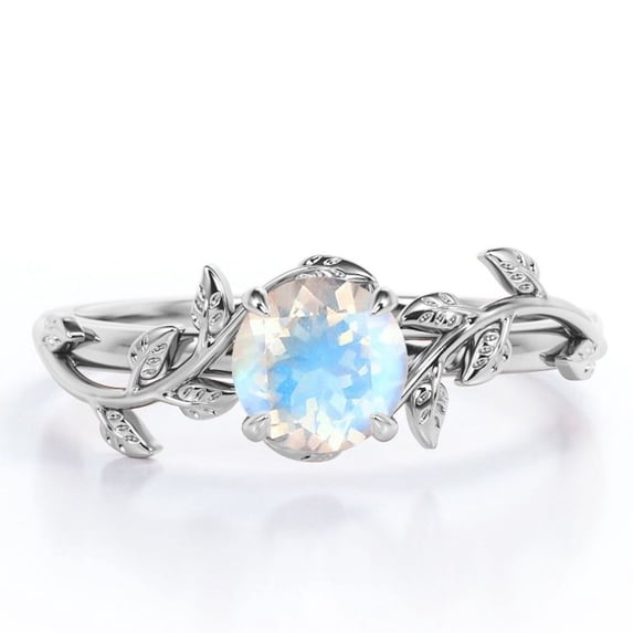 JeenMata 0.50 Carat 4 Prong Branch Leaf Design Round Cut Rainbow Moonstone Engagement Ring In 18K White Gold Plating Over Silver