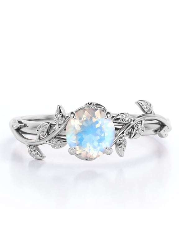 0.50 Carat 4 Prong Branch Leaf Design Round Cut Rainbow Moonstone Engagement Ring In 18K White Gold Plating Over Silver