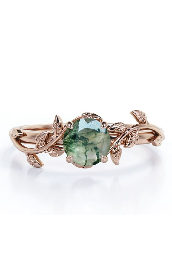 0.50 Carat 4 Prong Round Cut Opaque White Druzy Mossy Green Agate Branch Leaf Design One-Stone Engagement Ring In 18K Rose Gold Plating Over Silver