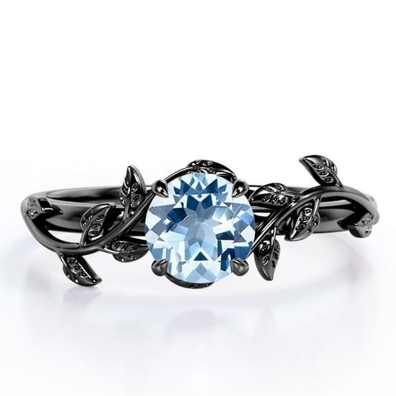 JeenMata 0.50 Carat 4 Prong-Set Round Shaped Lab Created Aquamarine Leaf Engagement Ring In 18K Black Gold Plating Over Silver