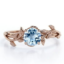 JeenMata 0.50 Carat 4 Prong-Set Round Shaped Lab Created Aquamarine Leaf Engagement Ring In 18K Rose Gold Plating Over Silver