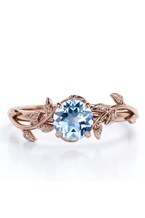 0.50 Carat 4 Prong-Set Round Shaped Lab Created Aquamarine Leaf Engagement Ring In 18K Rose Gold Plating Over Silver