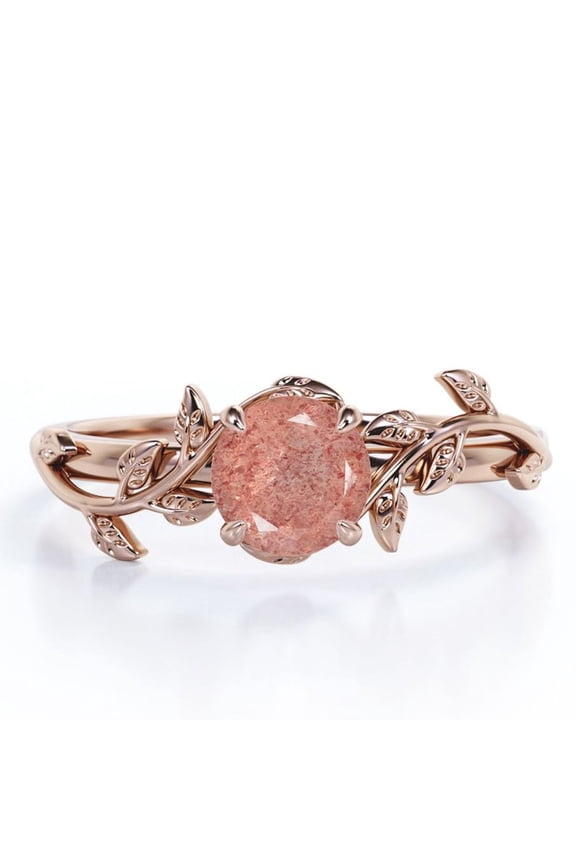 0.50 Carat - Leaf Ring Design - Round Shaped Strawberry Quartz Solitaire Engagement Ring - 18K Rose Gold Plating Over Silver