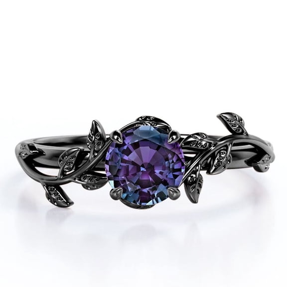 JeenMata 0.50 Carat - Round Cut Lab Created Alexandrite Ring - Leaf & Vine Engagement Ring - 18K Black Gold Plating for Women