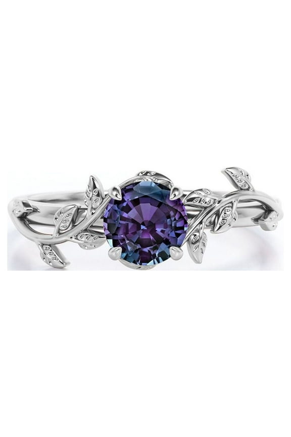 0.50 Carat - Round Cut Lab Created Alexandrite Ring - Leaf & Vine Engagement Ring - 18K White Gold Plating Over Silver