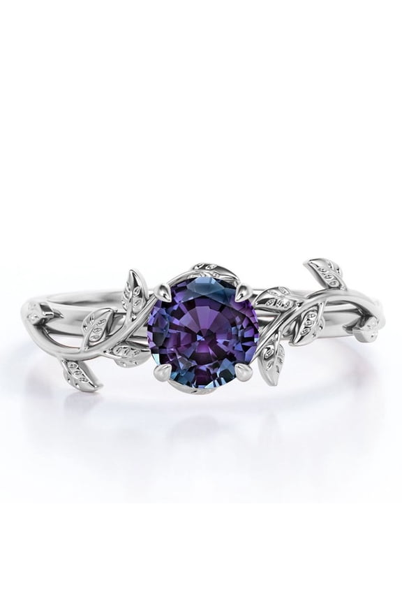 0.50 Carat - Round Cut Lab Created Alexandrite Ring - Leaf & Vine Engagement Ring - 18K White Gold Plating for Women