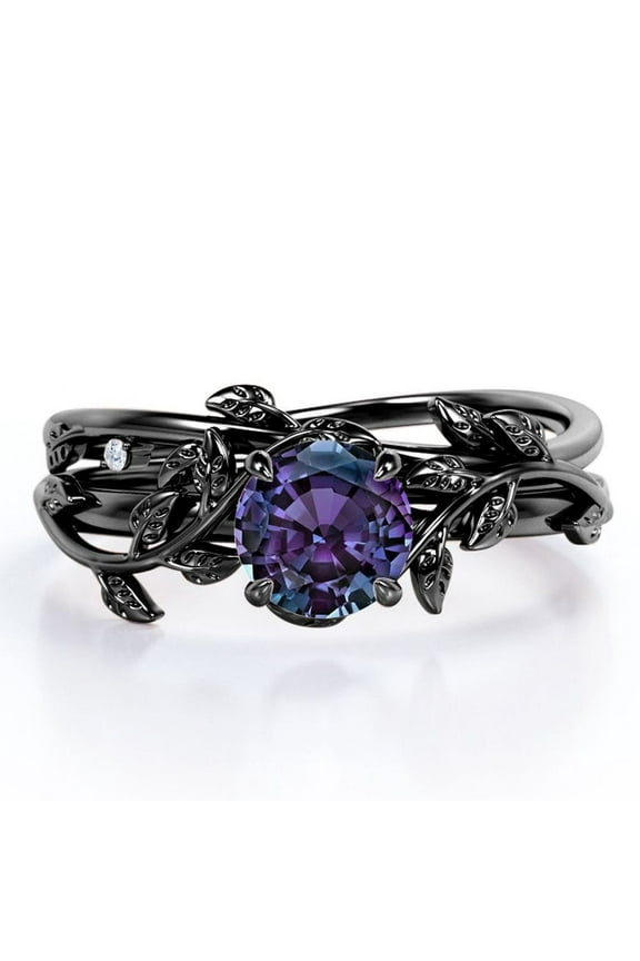 0.50 Carat - Round Cut Lab Created Alexandrite Ring Set - Leaf & Vine Wedding Ring Set - 18K Black Gold Plating Over Silver