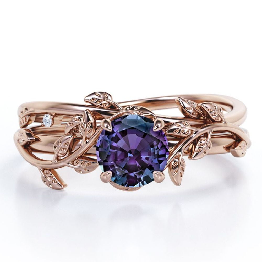 JeenMata 0.50 Carat - Round Cut Lab Created Alexandrite Ring Set - Leaf & Vine Wedding Ring Set - 18K Rose Gold Plating Over Silver