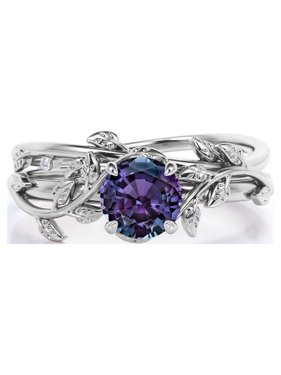 0.50 Carat - Round Cut Lab Created Alexandrite Ring Set - Leaf & Vine Wedding Ring Set - 18K White Gold Plating Over Silver