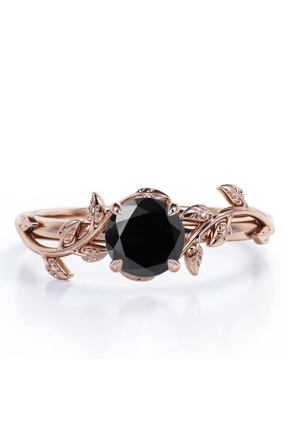 0.50 Carat - Round Cut Lab Created Black Diamond Ring - Leaf & Vine Engagement Ring - 18K Rose Gold Plating Over Silver