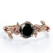 JEENMATA 0.50 Carat - Round Cut Lab Created Black Diamond Ring - Leaf & Vine Engagement Ring - 18K Rose Gold Plating Over Silver