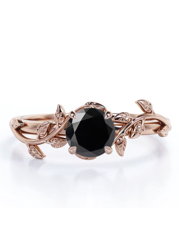 0.50 Carat - Round Cut Lab Created Black Diamond Ring - Leaf & Vine Engagement Ring - 18K Rose Gold Plating Over Silver