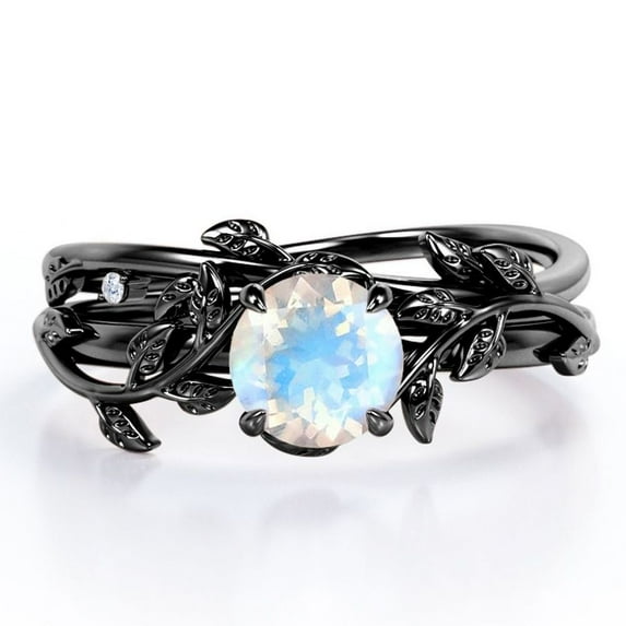 JeenMata 0.50 Carat Round Faceted Blue Moonstone Wedding Set - Intricate Vintage Moonstone Ring - 18k Black Gold over Silver