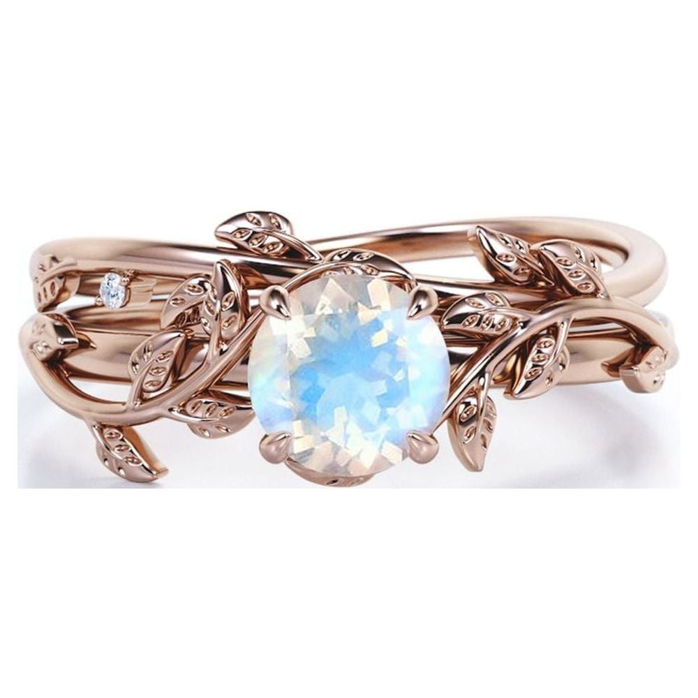 JeenMata 0.50 Carat Round Faceted Blue Moonstone Wedding Set Intricate Vintage Moonstone Ring 18k Rose Gold over Silver