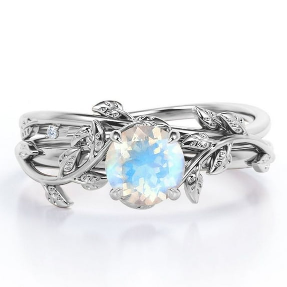 JeenMata 0.50 Carat Round Faceted Blue Moonstone Wedding Set - Intricate Vintage Moonstone Ring - 18k White Gold over Silver