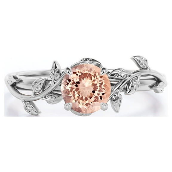 JeenMata 0.50 Carat Round Lab Created Morganite - Leafy Design - Solitaire Engagement Ring - 18K White Gold Plating over Silver