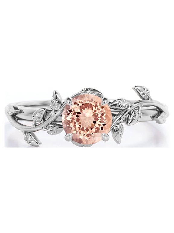 0.50 Carat Round Lab Created Morganite - Leafy Design - Solitaire Engagement Ring - 18K White Gold Plating over Silver