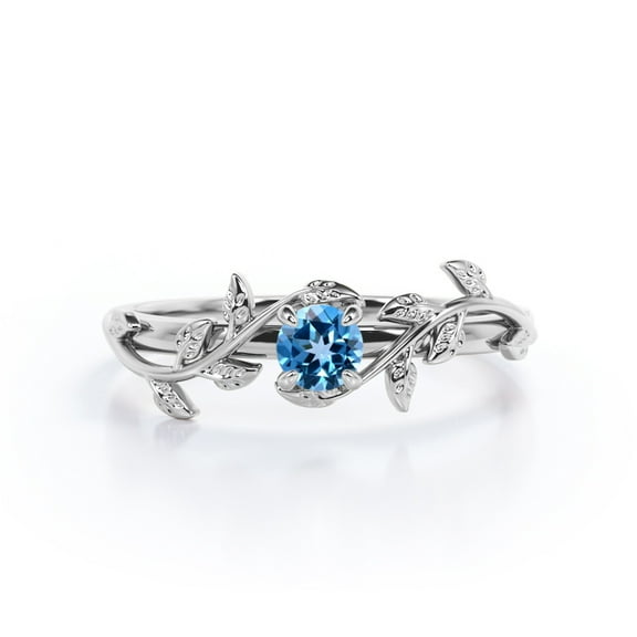 JeenMata 0.50 Carat Round Light Blue Topaz - Leafy Design - Solitaire Engagement Ring - 18K White Gold Plating over Silver